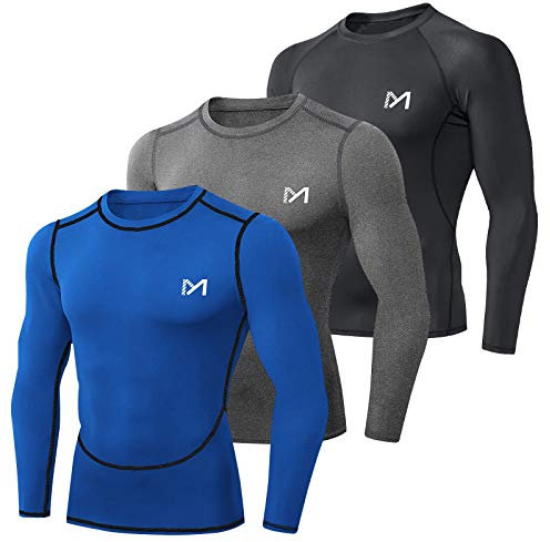 MEETYOO Kompressionströja för män, kortärmad, baselayer löpartröja fitnesskläder för sport jogging bodybuilding, Svart + blå + grå, L