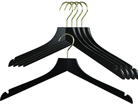 MAWA by Reston Lloyd, European Wooden Hanger, Beech Wood Straight Hanger with Shoulder Notches, Rotating Gold Hook, Black Finish, for Shirts, Blazers, Dress Clothes, Set of 5 (27115)