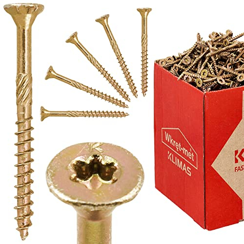 KLIMAS® Holzschrauben Torx Spanplattenschrauben TX 3,5 x 40 mm 500 Stück | Senkkopfschrauben Terrasenschrauben Universalschrauben Dachkonstruktion Schrauben Set Gelb Holz Schraube Senkkopf