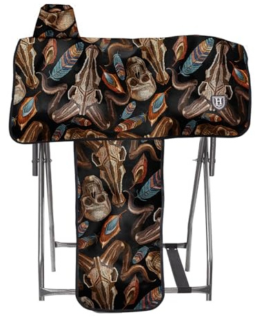 Harrison Howard Sturdy Waterproof Western Saddle Cover with Stylish Prints That Stand Out Keep Your Saddle in Pristine Condition Perfect for Showing or Riding Events-Skull Dread
