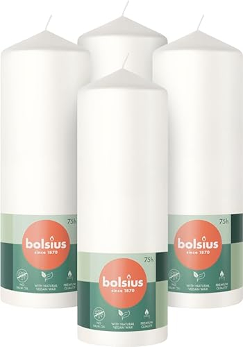 Bolsius Glatte Stumpenkerzen - Weiß - 4 Stück - 20 x 7 cm - Dekorative Haushaltkerzen - Brenndauer 75 Stunden - Unparfümierte - Enthält Natürliches Pflanzenwachs - Ohne Palmöl