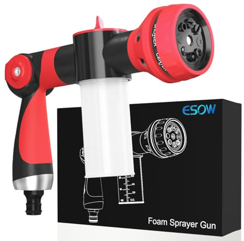ESOW Ugello per tubo da giardino, pistola a spruzzo ad alta pressione, modello a 8 vie, con erogatore di sapone da 3,5 oz/100 cc, pistola per schiuma da neve, per lavaggio auto, irrigazione piante,