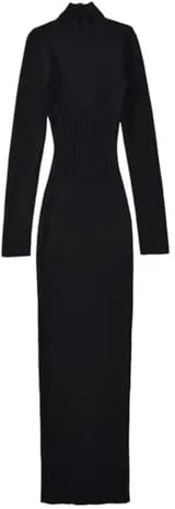 Vestidos de Punto Vintage para Mujer, Vestido Largo Liso con Cuello Medio Alto y Manga Larga, Vestido Largo con Tubo de otoño a la Moda para Mujer, Negro, Talla única
