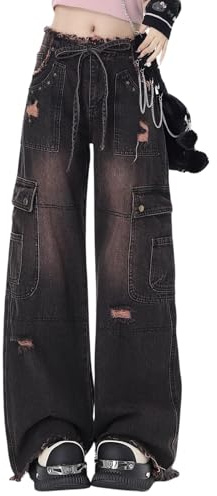 Lafaguw Pantalon cargo pour femme, taille basse, ample, avec poche, jambe large, décontracté, tendance, streetwear, tenues grunge emo