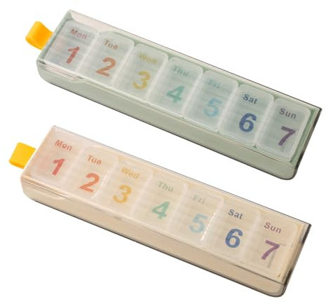 Pillendose 7 tage klein，Pillenbox，Medikamenten Organizer，Wöchentliche Medizinbox, doppellagiger Schutz, bessere Feuchtigkeits- und Staubvermeidung. (2Grün+Cremefarbe)