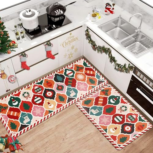 TUKDAK Weihnachts Küchenläufer rutschfest, PVC Anti Ermüdungsmatte Küchenteppich, Wasserdicht und Ölbeständig Teppich Läufer Küche, Teppich Küche für Esszimmer, Waschküche(44 x 70cm + 44 x 120cm)