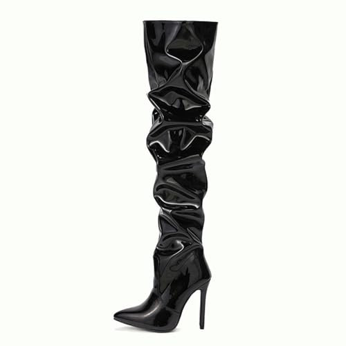 WOkismD Stivali sopra Il Ginocchio da Donna con Tacco Stivali Alti Fino alla Coscia in Pelle Verniciata Cerniera Laterale Punta a Punta Stiletto Stivali Lunghi Scarpe Eleganti,Nero,37