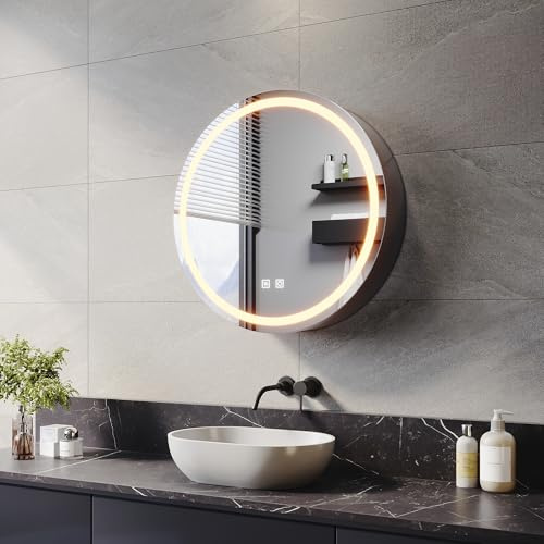 ELEGANT 600x600mm Round Illuminated LED Bathroom Mirror Cabinet with Shaver Socket Wall Mounted Mirror Cabinet with Three-Color Infinitely Dimmable Round Mirrored Cabinet with Demister Matte Black