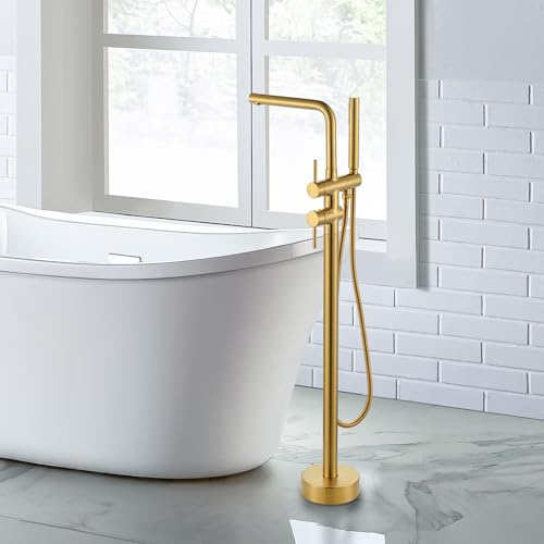 ARCORA Robinet de Baignoire sur Pied, Robinet de Bain avec Douchette, en Cuivre et Acier Inoxydable, Pivotant À 360°, Mitigeur Cartouche en Céramique, Montage au Sol, pour Baignoires, Or