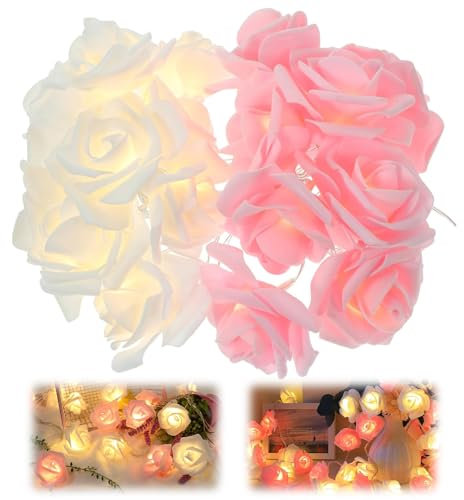 Pink and White Rose LED String Lights, 3 Meter 20 LED Strings Lights, Artificial Rose Garland Light, Battery Operated LED String Lights, Waterproof Outdoor Fairy Lights for Indoor Outdoor Decoration