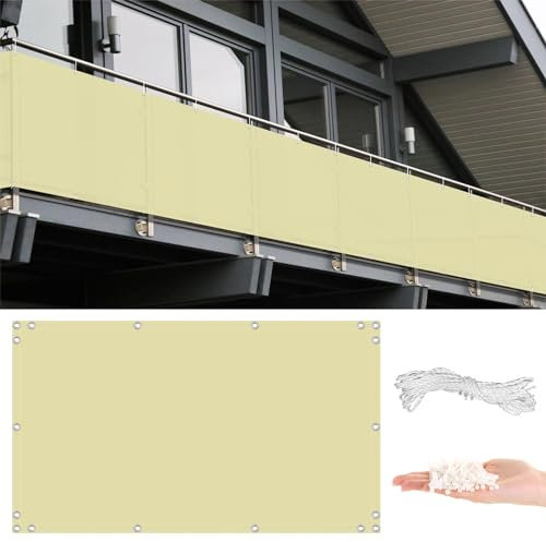 Balkong 1,5 m x 12 m, 100 % ogenomskinligt UV-skydd, integritetsstaket, skärm, balkongskydd för terrasser, däck, ljusgul, inkluderar rep och buntband