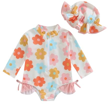 Traje de baño para recién nacidos, bebé, niña, de una pieza, con cuerpo, mangas largas, protección UV, traje de baño, para nadar y sombrero de sol, multicolor flores, 12-18 meses