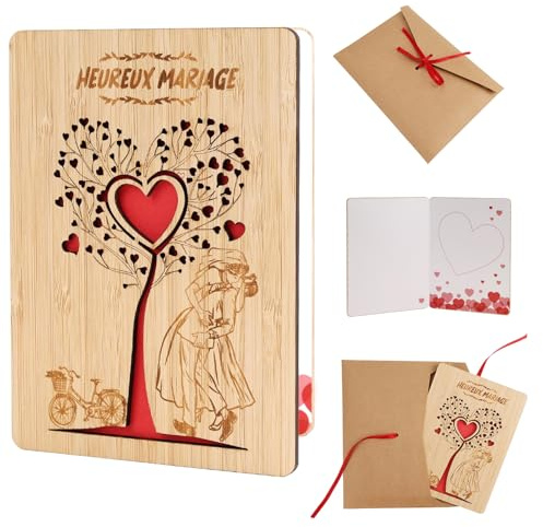 Sahunfri Cadeau Mariage en Bois avec Enveloppe, 10x15 cm Carte Mariage Félicitation, Carte Mariage en Bois avec Cœur à Offrir aux Mariés