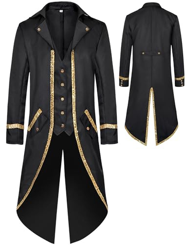 AIEOE Veste gothique vintage médiévale à paillettes pour homme - Jupe de marche victorienne - Bouton steampunk - Veste frack - S-3XL, Noir , L