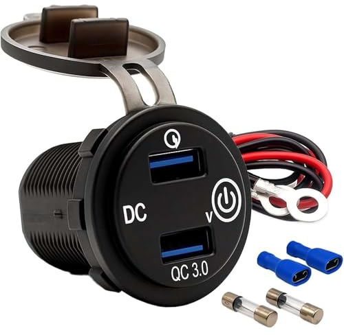 Offgridtec Billaddningsadapter med dubbla USB-uttag 12 V/24 V USB-A-portar (18 W vardera), digital spänning, ON/OFF-omkopplare, robust ABS, för bilar, lastbilar och off-grid-system