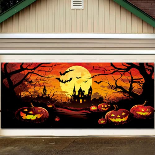 7x16FT Halloween Garage Door Decoration Banner, Scary Castle Theme Large Garage Door Cover, Orange Full Moon Twisted Branches and Evil Pumpkin Backdrop for Halloween Party Decorative Supplies