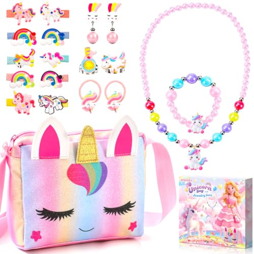 KDISHKRA 20 Piezas Unicornio Joyas Set, Regalos de Unicornio para niñas, Conjunto de Bolso y Joyería con Collar de Unicornio Pulsera Pendientes Anillo Horquillas Coleteros, Regalo para Niñas 3-9 Años