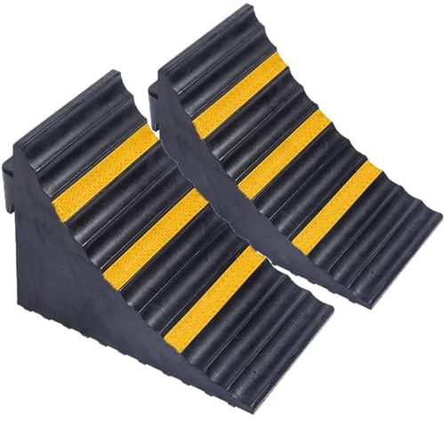 uyoyous - Juego de 2 cuñas de rueda de goma, cuña de coche resistente, bloqueadores de rueda con bandas reflectantes y asa de transporte, 25 x 16 x 19 cm, para autocaravana, remolque, coche