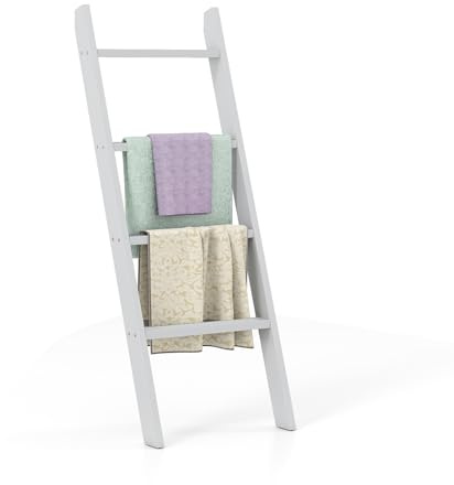 COSTWAY Wooden Blanket Ladder, 4-Tier Towel Ladder Shelf, Wall Leaning Blanket Towel Rack Holder Decorative Storage Shelving Unit for Bathroom Living Room (Grey)
