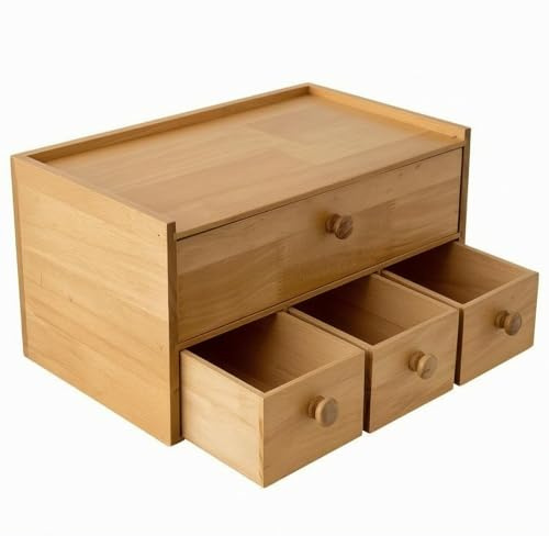 Wsymxuo Caja Madera con Cajones Multiuso Caja con Cajones Ahorra Espacio Cajonera Pequeña para Mesa, Madera Natural, Caja De Té De 4 Cajones