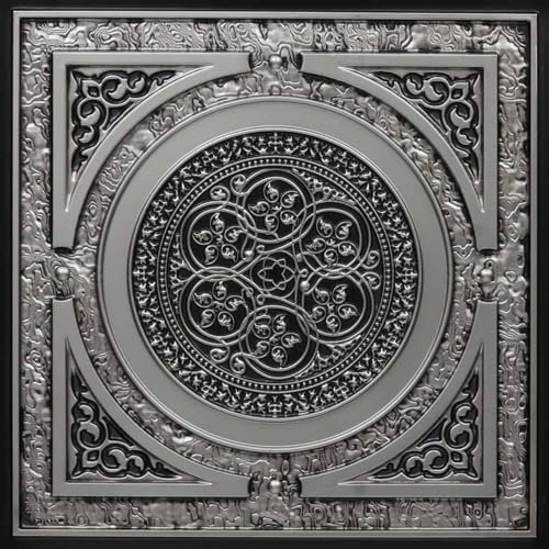 From Plain To Beautiful In Hours 225 Steampunk PVC 2' x 2' Glue-up or Lay-in Ceiling Tile (Covers / 100 sq.ft), Antique Silver, 25 Piece