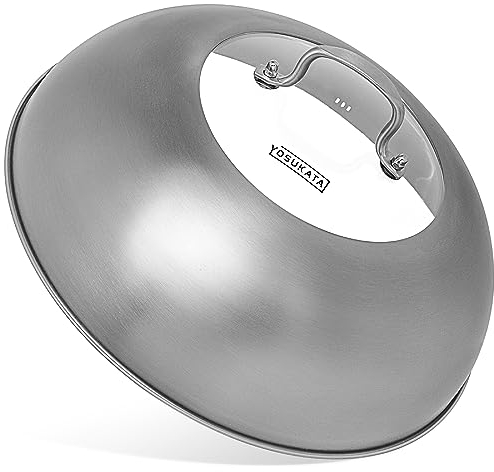 YOSUKATA Coperchio Wok 32,5 cm - Coperchio Universale Acciaio Inox con Vetro Temperato e Fori per Vapore per Wok 36 cm - Lavastoviglie - Dome per Fusione Formaggio e Griglia - Cloche per Hamburger