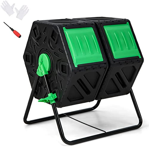GiantexUK Dual/Single Chamber Tumbling Compost Bin, 65L/130L Rotating Composter Tumbler with Sliding Doors & Aeration Mixing System, BPA Free Outdoor Garden Composting Waste Box (Dual, 130L)