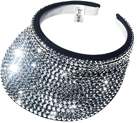 Bling Visor Hats Women Men Shiny Rhinestones Clip On Visors Adjustable Wide Brim Summer Cap Outdoor Sport Golf Beach Casual Sparkle Crystal Party (Silver Black)