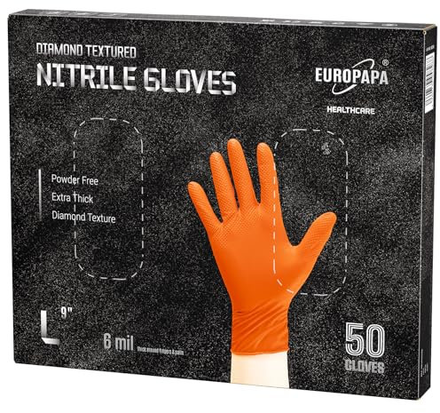 EUROPAPA 50x gants en nitrile extra épais DiamantGrip Diamant noir et orange Gants jetables Perfect Grip gants de protection de montage gants de travail sans poudre sans latex (L, Orange)