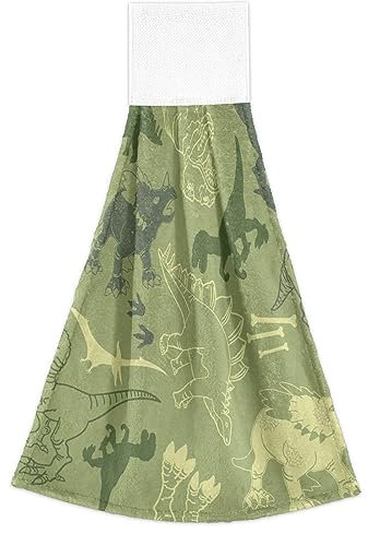 FRODOTGV Handtücher mit Dino-Muster, grün, mit Schlaufen, 2 Stück, Waschlappen, Duschtuch, weiß, Geschirrtücher, Baumwolle