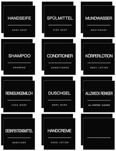 KSIWRE 24 Stück Badezimmer Etiketten für Seifenspender, wasserdichte Flaschenetiketten, Minimalistische Badezimmer Organisation Setiketten für Handseife, Mundwasser, Shampoo und Conditioner (Schwarz)