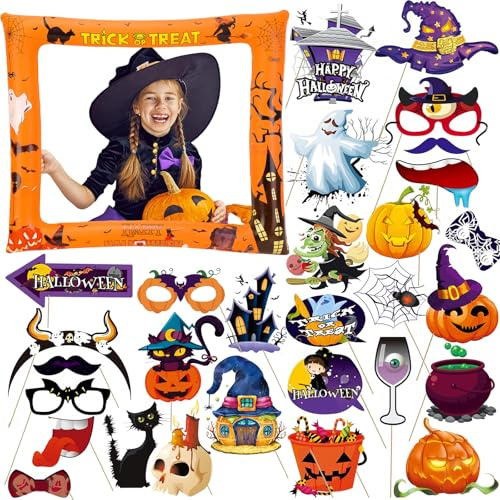 Halloween Inflatable Selfie Frame Inflatable Photo Booth Frame with 30Pcs Photo Booth Props,Halloween Inflatable Picture Frame Blow Up Party Prop Kit for Kids Adults Halloween Party Games Accessories