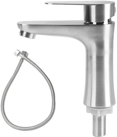 Minnhua Robinet Eau Froide Acier Inoxydable, Robinet Eau Froide Lave Main avec Tuyau, Mitigeur Lavabo, Robinets Baignoire pour WC Invités, Salle Bain, Installation Facile (Argent)
