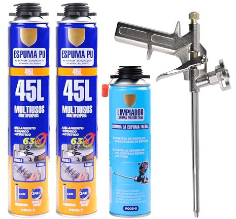 Set Completo de Espuma de Poliuretano - Incluye 2 Botes Espuma Poliuretano 750ml, 1 Pistola de Espuma Poliuretano y 1 Limpiador de Espuma 500ml