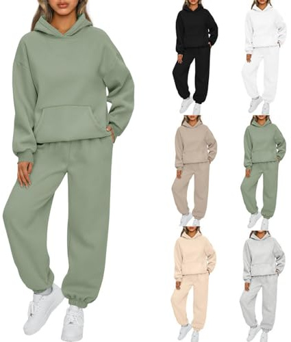 Earnmore Damen Hausanzug mit Kapuze 2 Teile, Damen Jogginganzug Set Sweatshirt mit Hose Elegant Freizeitanzug,Sport Hosenanzug Langarm Hoodie Hausanzug (Grün,XL)