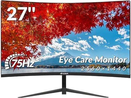 CRUA 27 Inch 2K QHD Curved Monitor, 2560x1440, 75Hz Computer Display with HDMI & DP, VESA Wall Mount, Eye Care PC Monitor for Office Work and Gaming