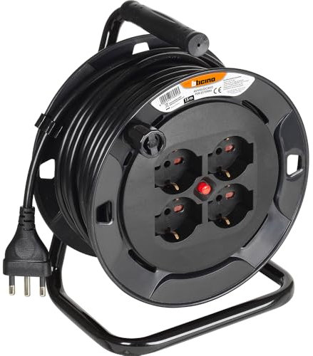 BTICINO Avvolgicavo Elettrico S2615, Prolunga Elettrica 15 Metri, 4 Prese Polivalenti Schuko Bipasso, Spina Grande 16A, Interruttore Termico, Maniglia Ergonomica, Ferma Cavo e Avvolgicavo, Full Black