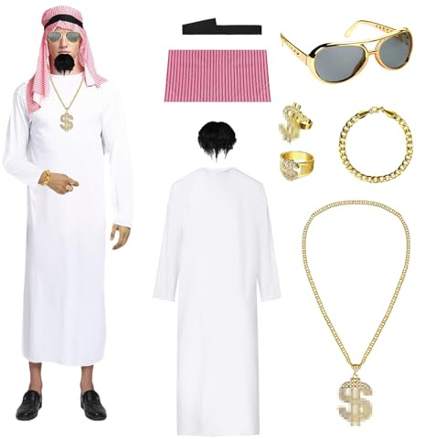 XILEPINGAN Déguisement Arabe Homme, Costume de Cheikh, Déguisement de Cheikh Arabe pour Homme avec Accessoires pour Carnaval, Fête Costumée, Soirée à Thème (XL)