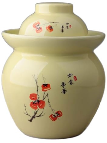 Recipiente de fermentación de Porcelana Tradicional China Pintada a Mano con Tapa de Sellado de Agua, Tarro de cerámica for encurtidos (1 Unidad)(Yellow,0.5kg)