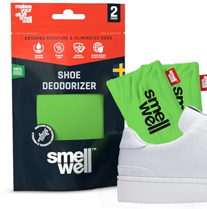 SmellWell Active Shoe Deodorant - Shoe Odour Remover - Antibacterial Shoe Deodorant - Bamboo Activated Carbon Odour & Moisture Absorber for Shoes & Bags, Green, 1 Pair