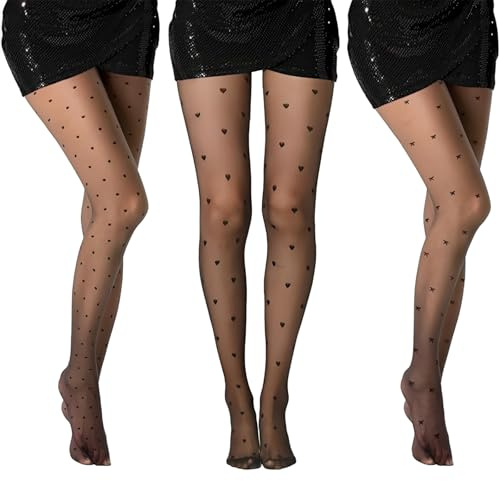 RhiVrillion Collant Femme 3 Pièces avec Motifs - Elastique Haute Taille, Noir à Pois, Cœurs et Nœuds en Nylon - Taille Unique pour Travail, Soirée ou Tenue Quotidienne