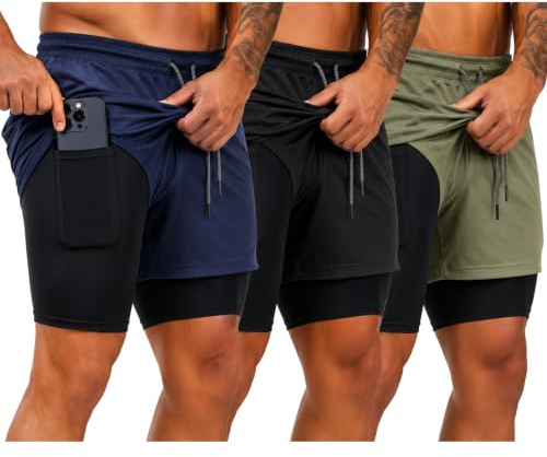 Pack de 3 Pantalones Cortos Hombre Deporte 2 en 1 con Malla de Compresión Bolsillos y Cinta Trasera Portatoallas (L, A/N/V)