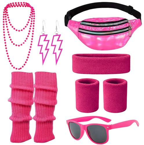 AWAVM 80-tals outfit dam retro kostym kläder tillbehör 90-tals kläder tillbehör kostym pannband, benvärmare, örhängen, bältesväska och glasögon för karneval