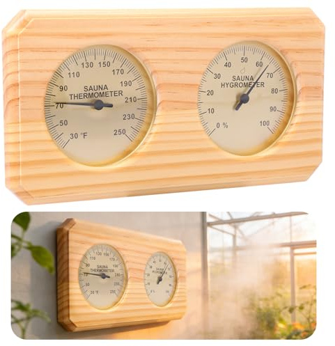 Termómetro e higrómetro analógico para sauna de madera de pino, 30 – 250 ℉/0-100% mecánico, termohigrómetro de pared, doble esfera, accesorio para sauna spa (30-250 ℉)