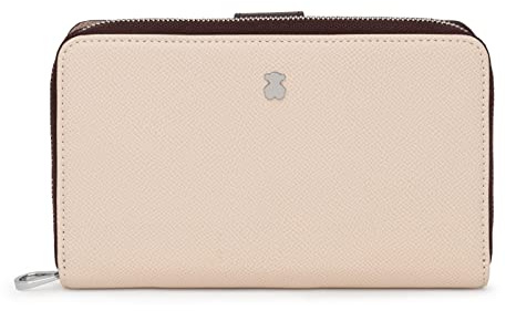 TOUS Billetera Mediana de Poliuretano con Efecto Saffiano en Marrón y Beige, Cierre Presión y Cremallera, Medidas 20 x 10 x 3 cm, Bonito y Chic, Colección Dubai