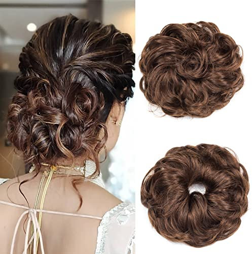 Gairyan Moños Postizos de Pelo Natural Ondulado con Goma Coletero Postizo Extensiones de Pelo Sintético Rizado Peinado Alto Postizos de Pelo Voluminosos 40g para Mujer - Marron Oscuro & Castaño Claro