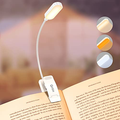 Gritin Lampe de Lecture 16 LED, Liseuse Lampe Clip Rechargeable, Gradation Progressive, 3 Modes de Protection des Yeux (Blanc/Ambre/Mixte), 360°Cou Flexible pour Lire au Lit,Blanc