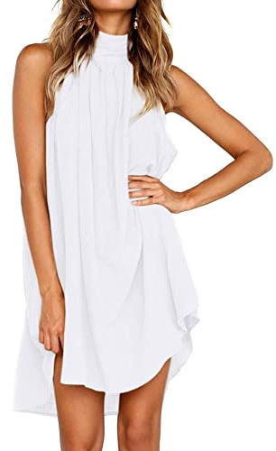 QKEPCY Vestido Elegante Mujer Vestido Sin Mangas Vestido Corta Casual Gasa Top Cuello Redondo Blusa Informal Casual Dress