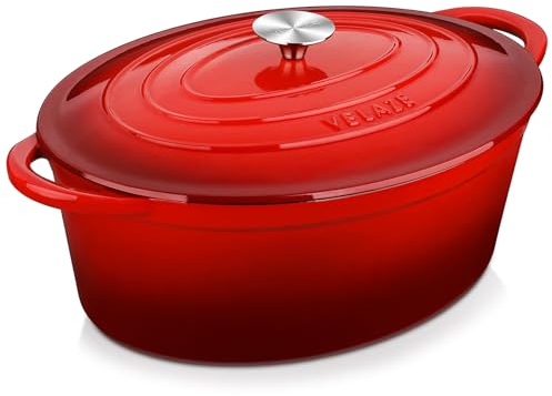 Velaze Cast Iron Casserole Dish with Lid, Non-Stick Cast Iron Dutch Oven for Home Baking, Braiser, Cooking,34cm/7.5L(Red)