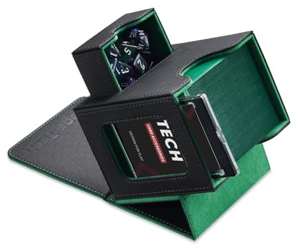 Mage Tech Card Deck Box for MTG Commander - Patented Design, Commander Display, Fits 100 Double-Sleeved Cards, 35pt Card Brick & Dice Tray - Black/Green